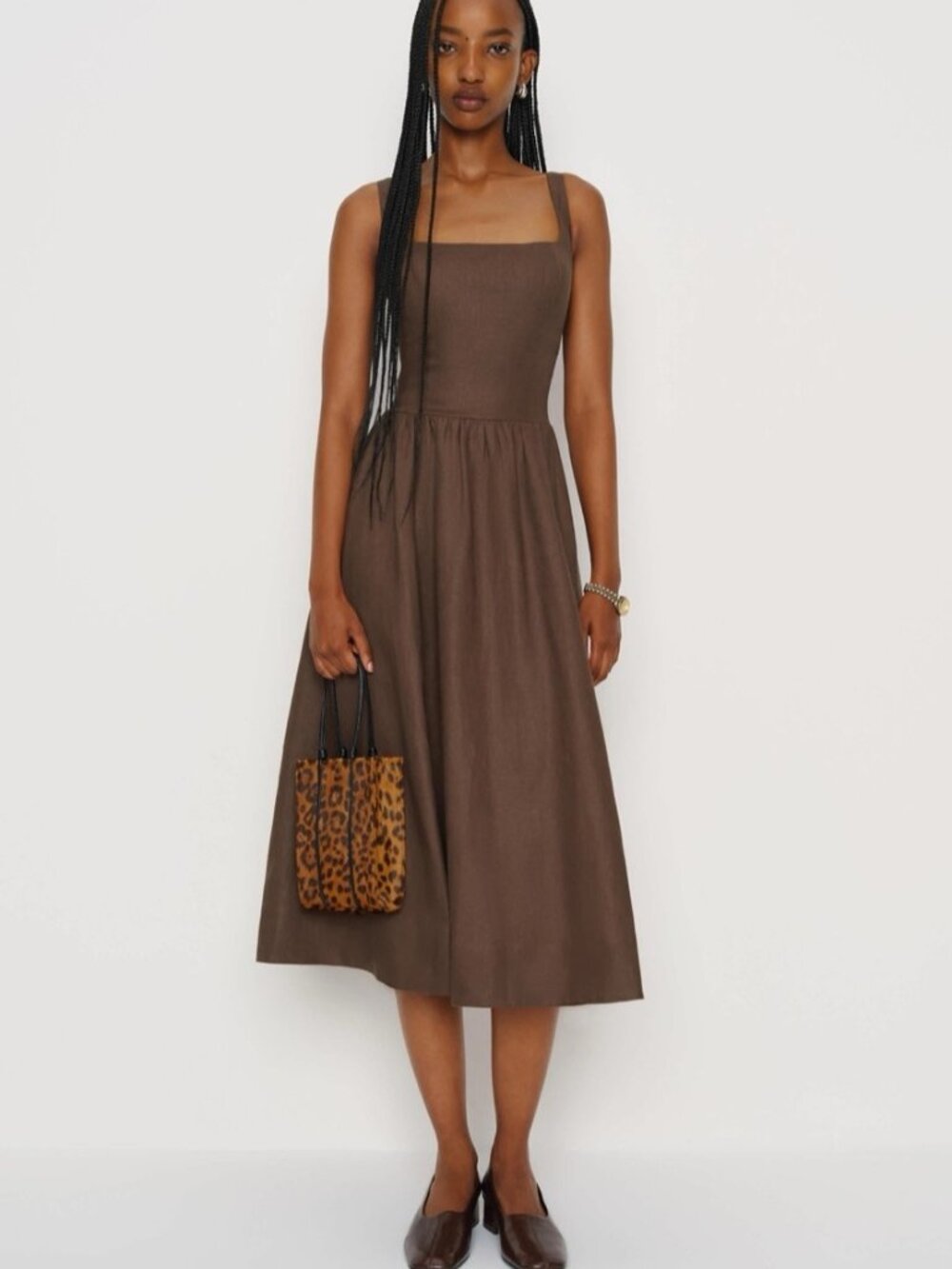 NEW Reformation Janu Square Neck Midi Linen Dress Chocolate Cake Brown US 0 UK 4